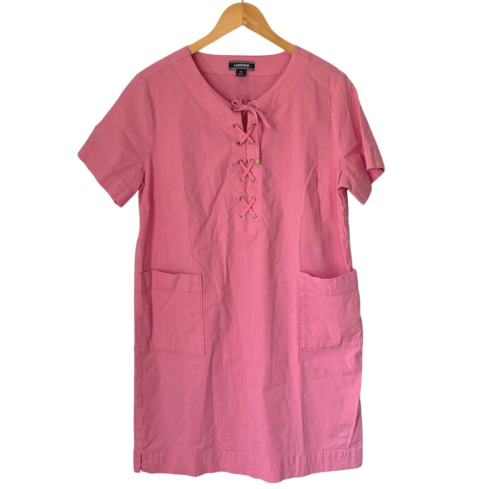 Lands End Pink Lace Up Short Sleeve Casual Shift Dress Women's Size 12